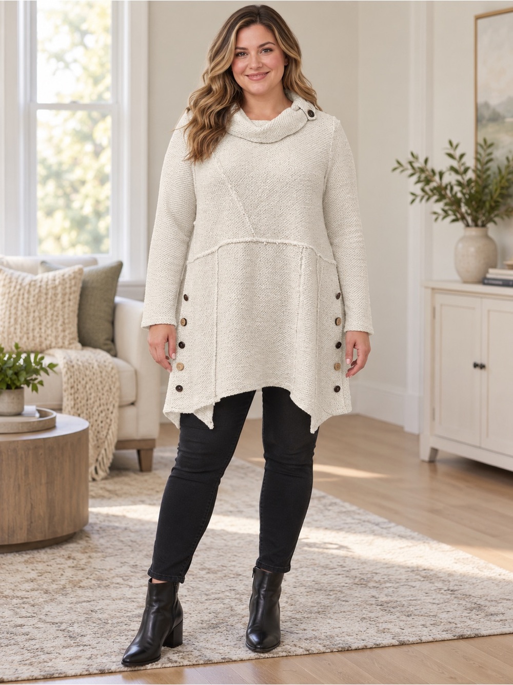 Cowl Neck Button Detail Sweater Cream Size XL
